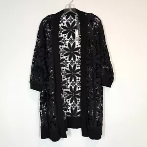 T Tahari Black Cardigan Kimono Jacket Size Large Cashmere Blend Lace - Picture 1 of 10