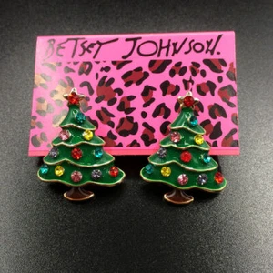Betsey Johnson Rhinestone green Enamel Christmas Tree Ear Stud Earrings gift bag - Picture 1 of 3