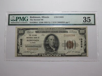 $100 1929 Robinson Illinois National Currency Bank Note Bill Ch. #13605 VF35 PMG - Image 1 of 4