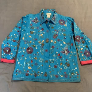 Quacker Factory Jacket Womens Medium Blue Embroidered Floral Butterfly Cotton - Picture 1 of 6