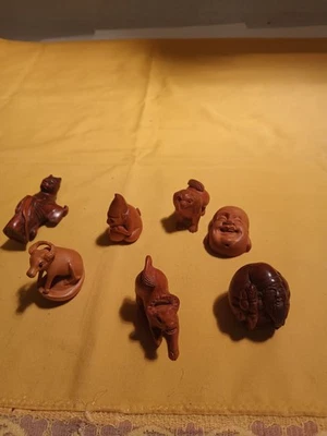 批量 7 件 复古 古董 Netsuke 雕刻雕像 Boxwood — 第 1/4 张图片