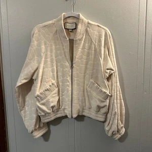 ALEXIS Perkins Women's White Velour Oversized Embossed Bomber Jacket Size XS - Picture 1 of 8