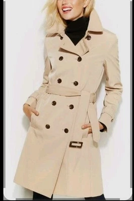 Calvin Klein Beige Belted Double Breasted Trench Coat Rain Jacket Medium Petite  - Image 1 of 4