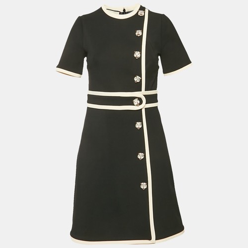 Gucci Mini Abito Crepe Nero Con Bordi a Contrasto Tigre Dettaglio Bottoni Crepe S