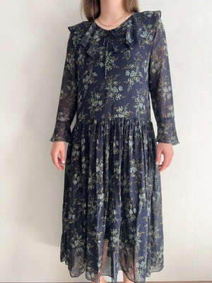 Vintage Laura Ashley 1990s Silk Dress Navy Floral Print Sheer Unlined US12, UK16 - Image 1 of 4