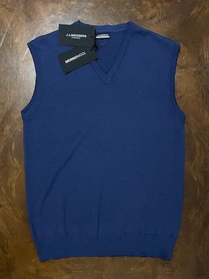 New Men's J Lindeberg Liam Knitted Merino Wool Blue Vest (MSRP $145) Size Small - Image 1 of 4
