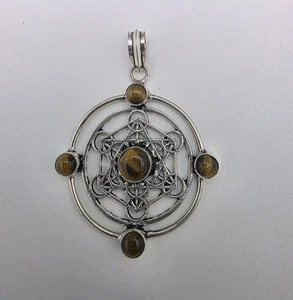 Metatrons Würfel Silber Tigerauge Stein Heilige Geometrie Anhänger Halskette - Bild 1 von 7