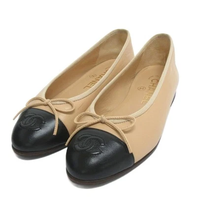Bailarina CHANEL Plana Marca Coco Cinta Cuero Beige Negro Talla EU 34 (21cm) Foto 1 de 4