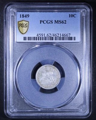 Moneda de diez centavos libertad sentada 1849 - 10c graduación profesional MS62 - PCGS escudo dorado Foto 1 de 4