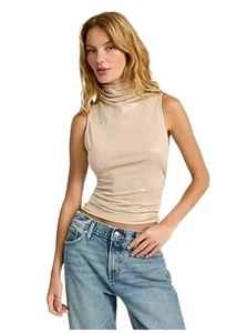 Express Ribbed Shine Mock Neck Tank Top Tan XS Sleeveless Fitted Basic NWT - Imagen 1 de 10