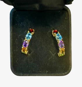 14k Gold Multi Gem Hoop Earrings Garnet Amethyst Citrine Peridot 3/4” IG Estate - Picture 1 of 17