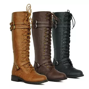 NEW Women Lace Up Knee High PU-Leather Military Combat Riding Boots Size 5.5 -10 - Foto 1 di 7