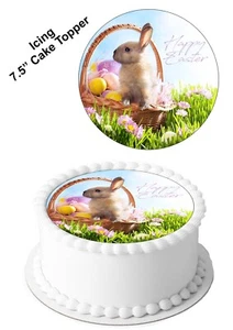 Cake Topper Happy Easter Bunny Basket Eggs Edible Icing 7-8" Circle Decoration - Picture 1 of 9