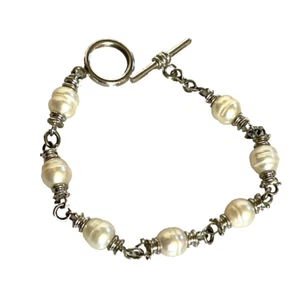 Vintage 925 Sterling Silver ~ Fashion Pearl Artisan Costume Jewelry Bracelet 8” - Picture 1 of 2