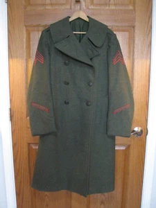 MARINE WW2, WW11 WOOL DOUBLE BREASTED OVERCOAT, OLIVE GREEN, RED CHEVRON PATCHES - Picture 1 of 23