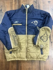Vintage Reebok St. Louis RAMS Puffer Jacket Mens Size L Blue & Gold Coaches - Picture 1 of 8