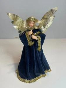Vintage Wax Face Hands Christmas Angel Tree Topper Blue Velvet - Picture 1 of 6