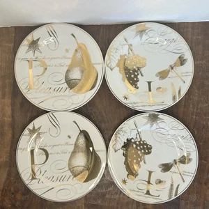 Pottery Barn Set of 4 Salad Dessert 8.5” Plates Gold 2 Laughter 2 Pleasure - Picture 1 of 12
