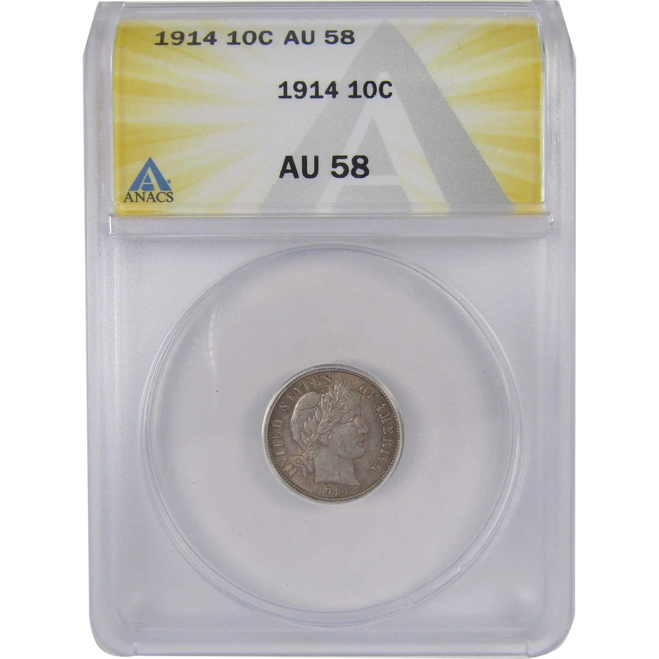 1914 Barber Dime AU 58 ANACS Silver 10c Coin SKU:I17878 - Image 1 of 4