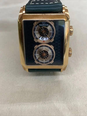 Marvin 矩形飞行时间石英玫瑰金绿色表盘/皮革 M024-14 — 第 1/4 张图片