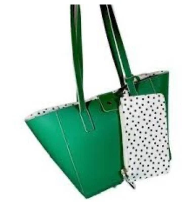Tommy Bahama Tote Bag Large Faux Leather Reversible Green White Polkadot w/pouch - Image 1 of 4