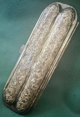 FABULOUS VINTAGE ETCHED STERLING 950 SILVER DOUBLE CIGAR CASE ENGRAVED AND MONO - Image 1 of 4