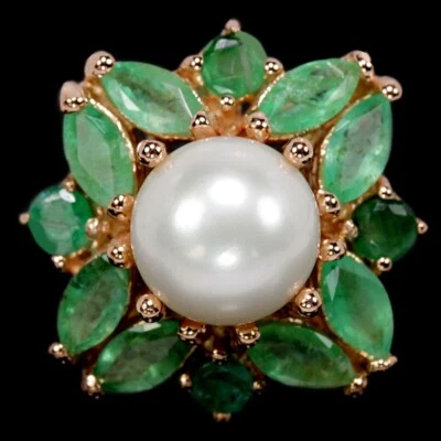 NATURAL AAA WHITE PEARL & GREEN EMERALD STERLING 925 SILVER RING SIZE 8.25 - Image 1 of 4