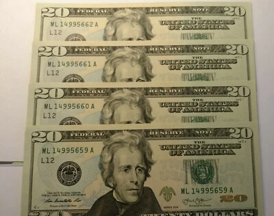 4 Federal Reserve Notes $20.00 Bills all in Uncirculated in Sequential order. - Image 1 of 4