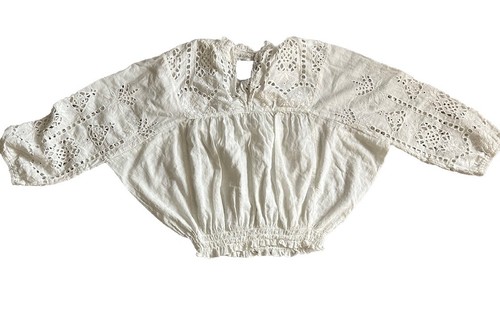OFF WHITE Top donna Broadway bianco sporco grande boho maniche a campana pizzo occhielli cotone