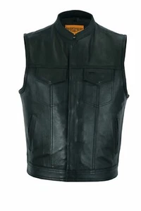 Men' Motorcycle Club Vest Naked Cowhide Leather w/ Zipper and Snap Closure Black - Bild 1 von 8