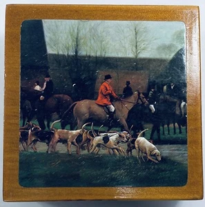 Vintage Wooden Coaster Set “The Fox Hunt” Set Of 6 In Box - Picture 1 of 10