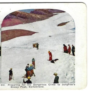 Preparación para la peligrosa escalada de los picos de Jungfrau, Suiza, c1900 Stereoview - Imagen 1 de 3