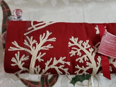 New Pottery Barn Sleigh Bell Crewel Embroidered 18 x 108" Table Runner  - Image 1 of 2