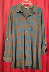 SOFT SURROUNDINGS SZ L BUFFALO PLAID POPOVER SHIRT TEAL/GRAY SOFT - Picture 1 of 8