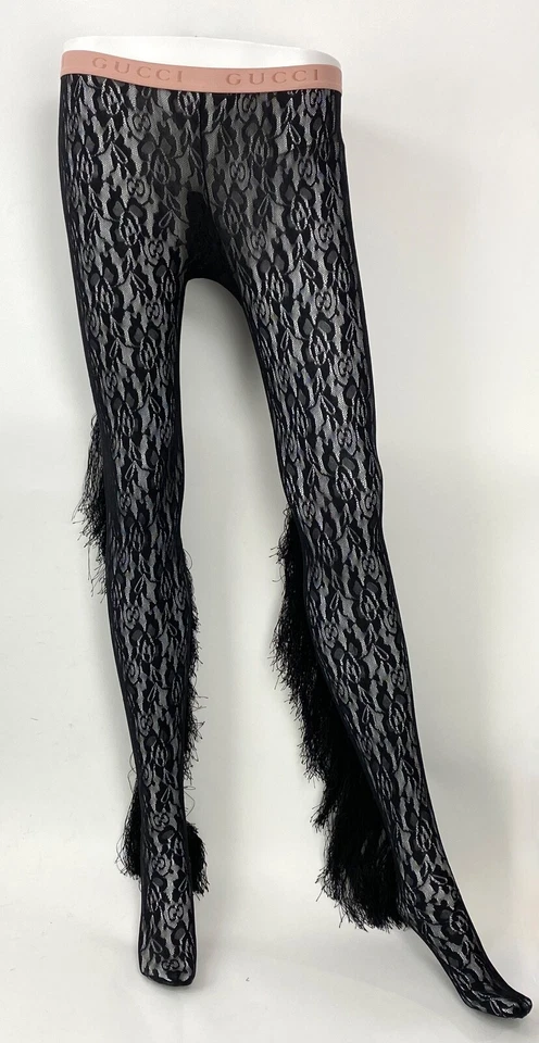 Gucci NWT $650 Small Black Ozil Stretch Sheer Floral Lace Tights Fringe Auth - Image 1 of 4