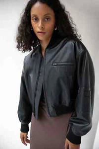 $158 OAK + FORT CROPPED VEGAN LEATHER BOMBER JACKET | Black | XXS - Picture 1 of 7