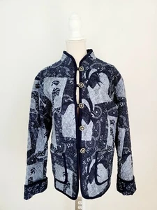 Giacca chinoiserie giapponese trapuntata blu fatta a mano asiatica upcycle patchwork L XL - Foto 1 di 12