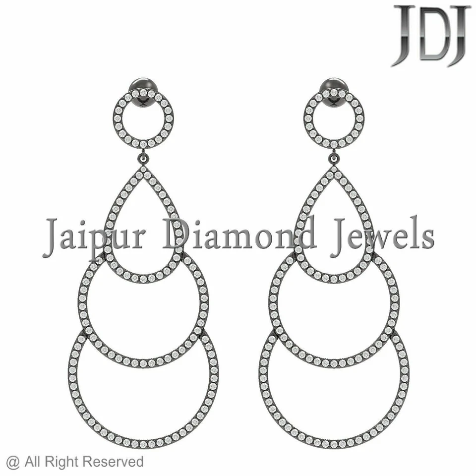 925 Sterling Silver Natural Pave Diamond Womens Dangle Earrings Handmade Jewelry - Image 1 of 3