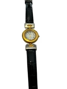 Anne Klein II Ladies Watch Vintage Gold Bezel Black Strap - Picture 1 of 9