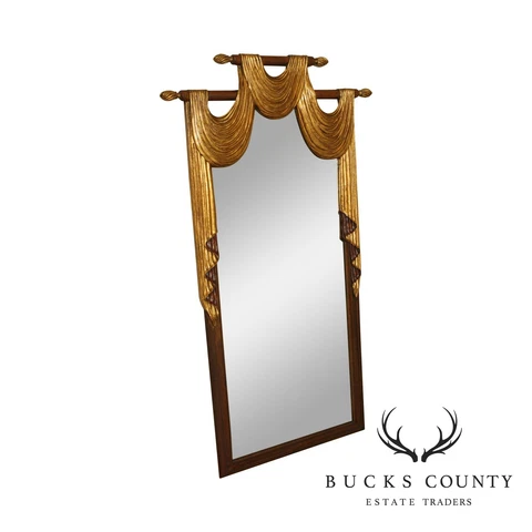 Harrison & Gil Mahogany and Gilt Wood Roman Drapery Carved Beveled Wall Mirror Cover