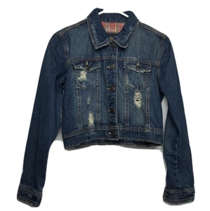 Girls RUE 21 Jean Jacket ~ Crop Blue Distressed Stretch Denim Medium  - Picture 1 of 8