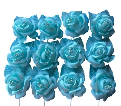 Flores de rosa única de seda azul aguamarina de 2,5" - Pack de 12 Foto 1 de 2