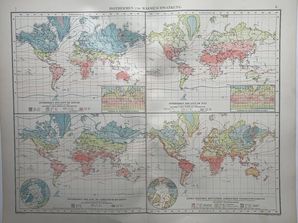 Mapa antiguo original de gráficos isotérmicos mundiales de 1899 de Richard Andree Foto 1 de 4