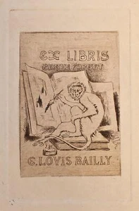 E Louis Bailly Ex Libris Berthe Forget Stillleben Affe Postwar Radierung 20.Jh. - Imagen 1 de 2