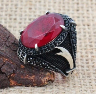 Anillo para hombre Zulfiqar espada piedra roja sólida de plata de ley 925 Foto 1 de 4