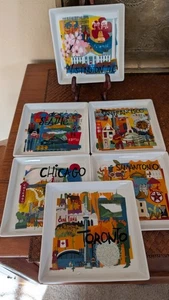 Crate And Barrel "ROAD TRIP" Appetizer Plates Set Of 6 Different Cities - Picture 1 of 9