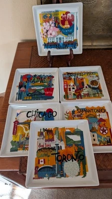 Crate And Barrel "ROAD TRIP" Appetizer Plates Set Of 6 Different Cities - Image 1 of 4