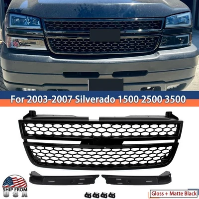 Front Bumper Grille For 2003-2007 Chevrolet Silverado 1500 2500 3500 Gloss Black Foto 1 de 4