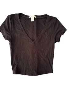 Bozzolo Black Ribbed V Neck crop top Sz S - Picture 1 of 4