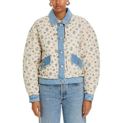 BlankNYC 女式象牙色花卉牛仔绗缝超大轰炸机夹克 XS 码 — 第 1/4 张图片
